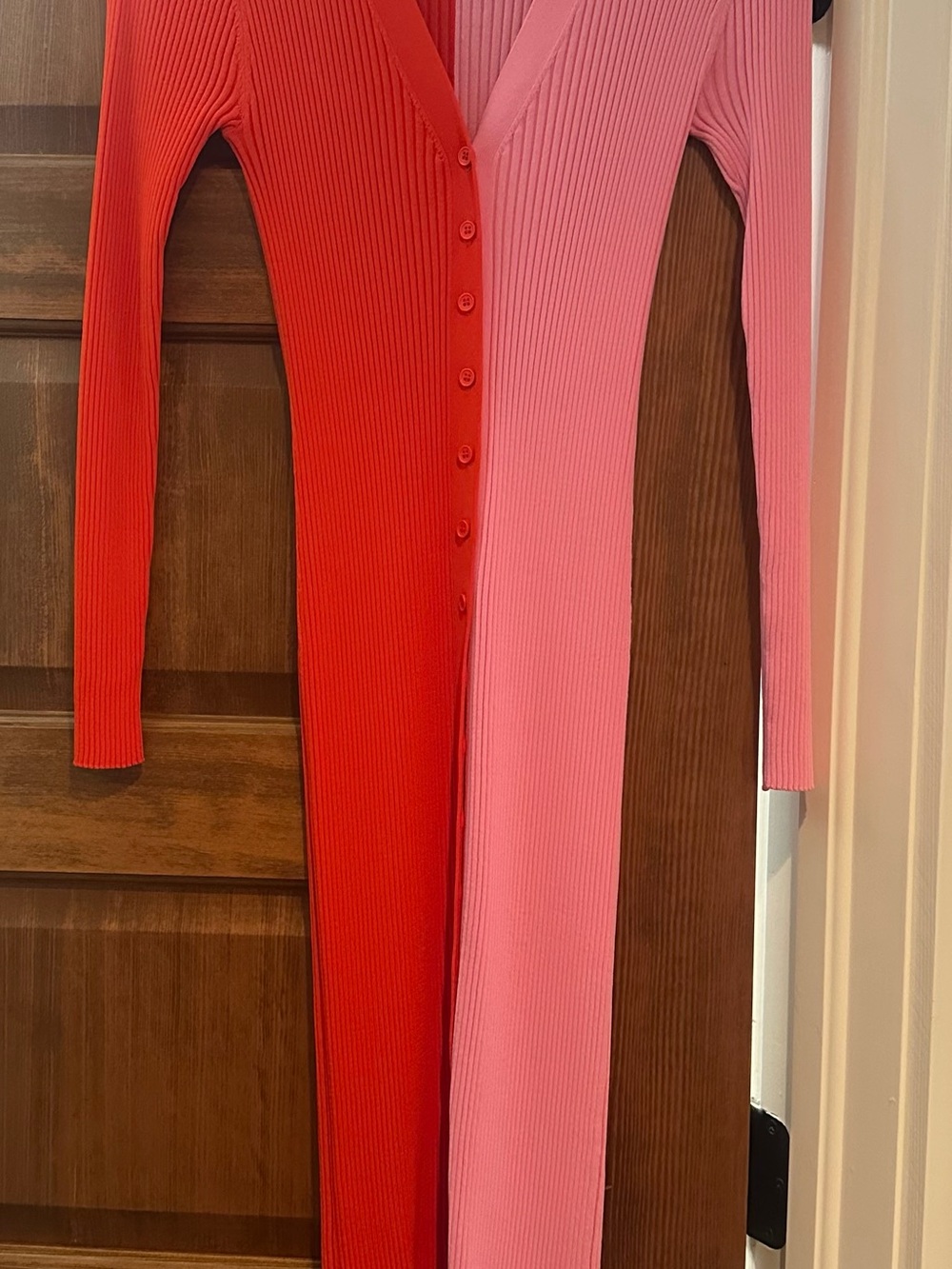STAUD Red & Pink Ribbed Button-Front Long Sleeve Dress